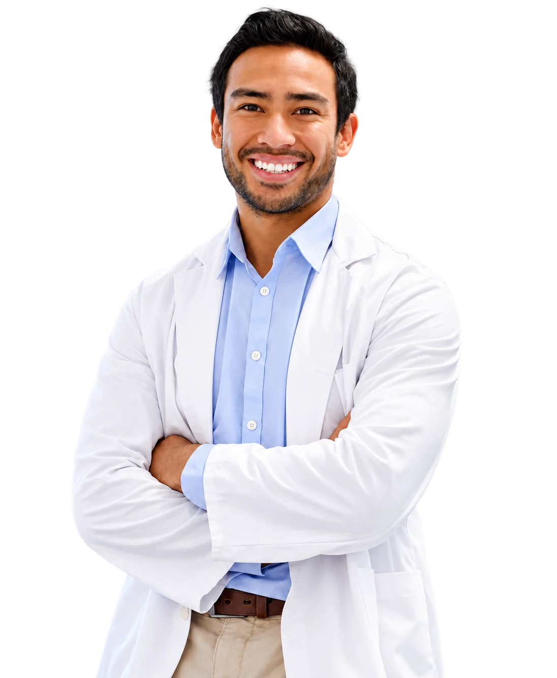 Dr. Arjun Rao, lead dentist at Aurum Dental Studio, in a white coat with arms folded